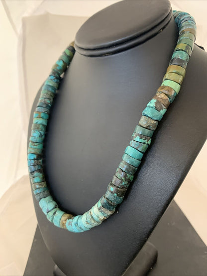 Native American Blue Green Turquoise Heishi Necklace | 9mm | Sterling Silver | 20" | 872