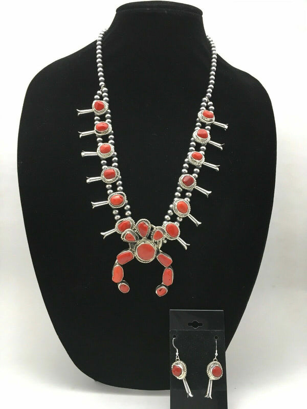 Navajo Coral Naja Pendant | Sterling Silver Squash Blossom Necklace & Earrings Set | 4176