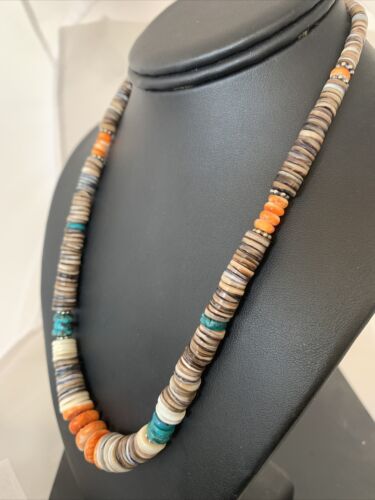 Authentic Native American Navajo Multi-Color Shell Necklace | Sterling Silver | Graduated 20" | 00926