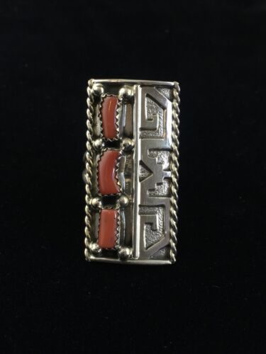 Navajo Red Coral Ring | Sterling Silver | Sz 9 | Authentic Native American Multi-Stone | 10092