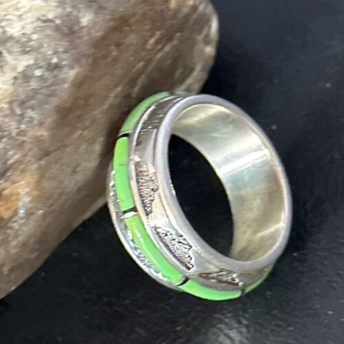 Navajo Green Gaspeite Inlay Eternity Band Ring | Sterling Silver | Sz 9.5 | Authentic Native American Handmade | 14548