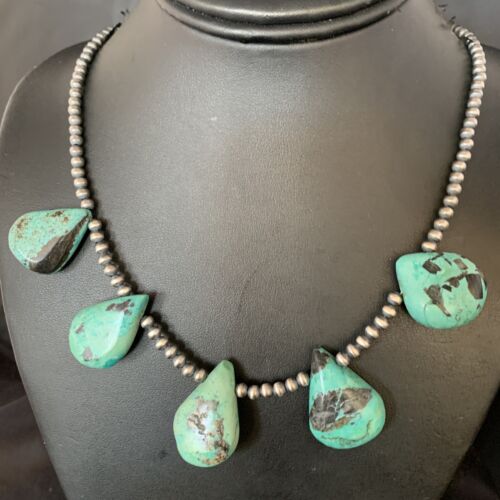 Navajo Teardrop Blue Turquoise Necklace | Sterling Silver Pearls | 20" | Authentic Native American Handmade | 13959