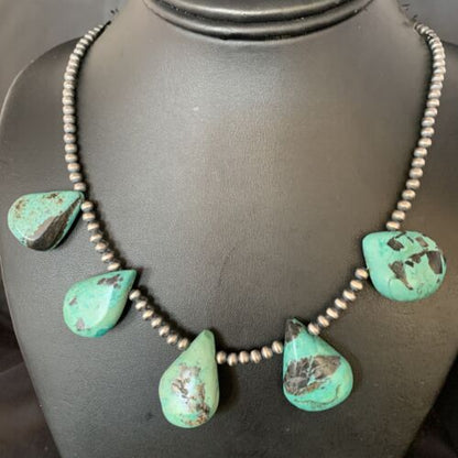Navajo Teardrop Blue Turquoise Necklace | Sterling Silver Pearls | 20" | Authentic Native American Handmade | 13959