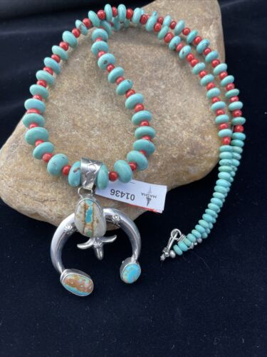 Navajo Blue Ribbon Boulder Turquoise Naja Pendant Necklace | Sterling Silver | 1436