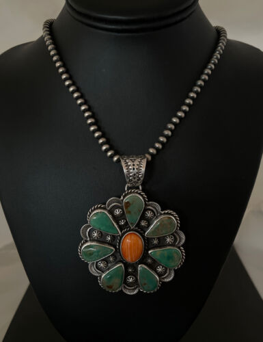 Navajo Spiny Oyster & Turquoise Cluster Pendant Necklace | Sterling Silver | Native American Handmade | 1119