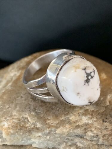 Navajo White Buffalo Turquoise Ring | Sterling Silver | Sz 9.5 | Authentic Native American Handmade | 1445