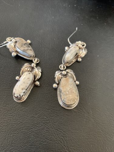 Navajo White Buffalo Turquoise Dangle Earrings | Sterling Silver | 2.5" | Authentic Native American Handmade | 12154