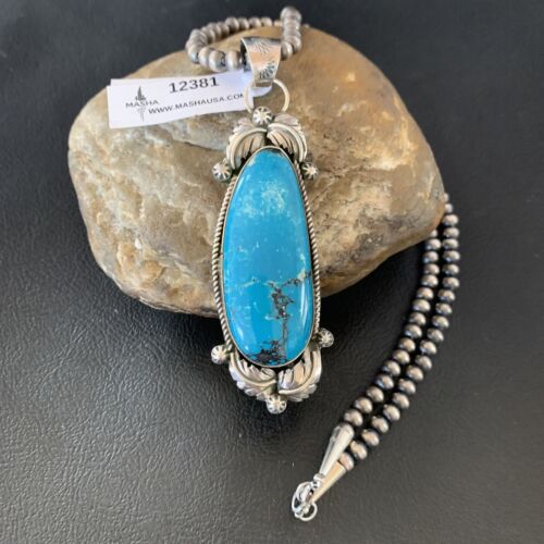 Men's Navajo Pearls Necklace with Blue Kingman Turquoise Pendant | Sterling Silver | Native American Handmade | 12381