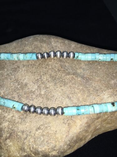 Navajo Blue Turquoise Heishi Bead Necklace | Sterling Silver | Authentic Native American Handmade | 20" | 1815
