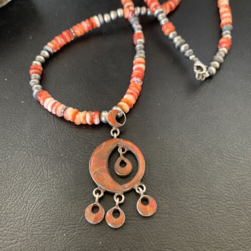 Navajo Pearl Necklace with Red Apple Coral & Spiny Oyster Pendant | Sterling Silver Inlay | 12371