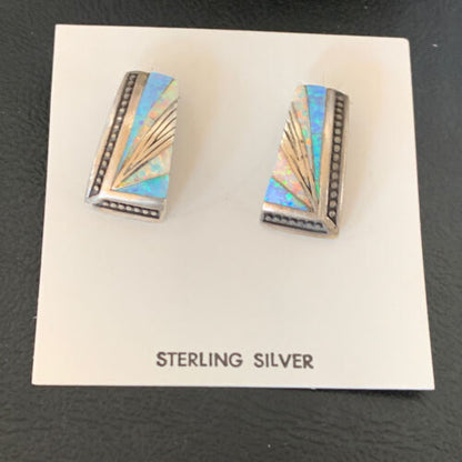 Navajo Blue White Opal Inlay Earrings | Sterling Silver | Authentic Native American Handmade | 12117 - Masha USA