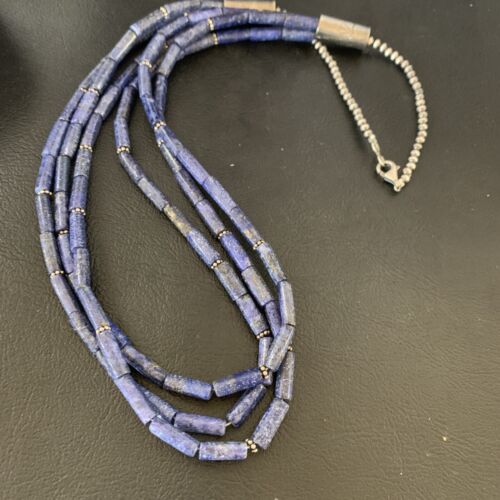 Navajo Blue Lapis 3-Strand Necklace | Sterling Silver Tube Beads | 23" | Authentic Native American Handmade | 12690