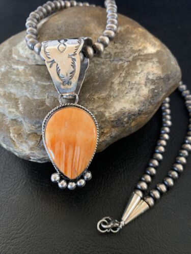 Navajo Orange Spiny Oyster Pendant Necklace | Sterling Silver | Authentic Native American Handmade | 13075