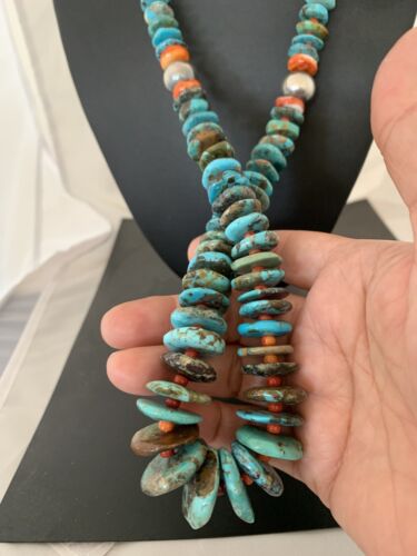 Navajo Sterling Silver Natural Blue Turquoise & Spiny Oyster Graduated Necklace | Authentic Native American | 28" | 331