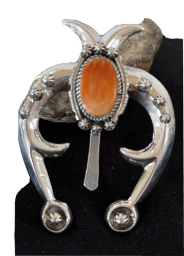 Navajo Orange Spiny Oyster Naja Pendant | Sterling Silver | Authentic Native American Handmade | 1062