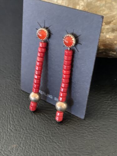 Navajo Pearl Heishi Dangle Earrings | Sterling Silver Red Coral Tube | 1.5" | 13051