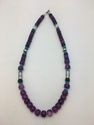Navajo Purple Sugilite Turquoise Bead Necklace | Sterling Silver | Authentic Native American Handmade | 22" | 8913