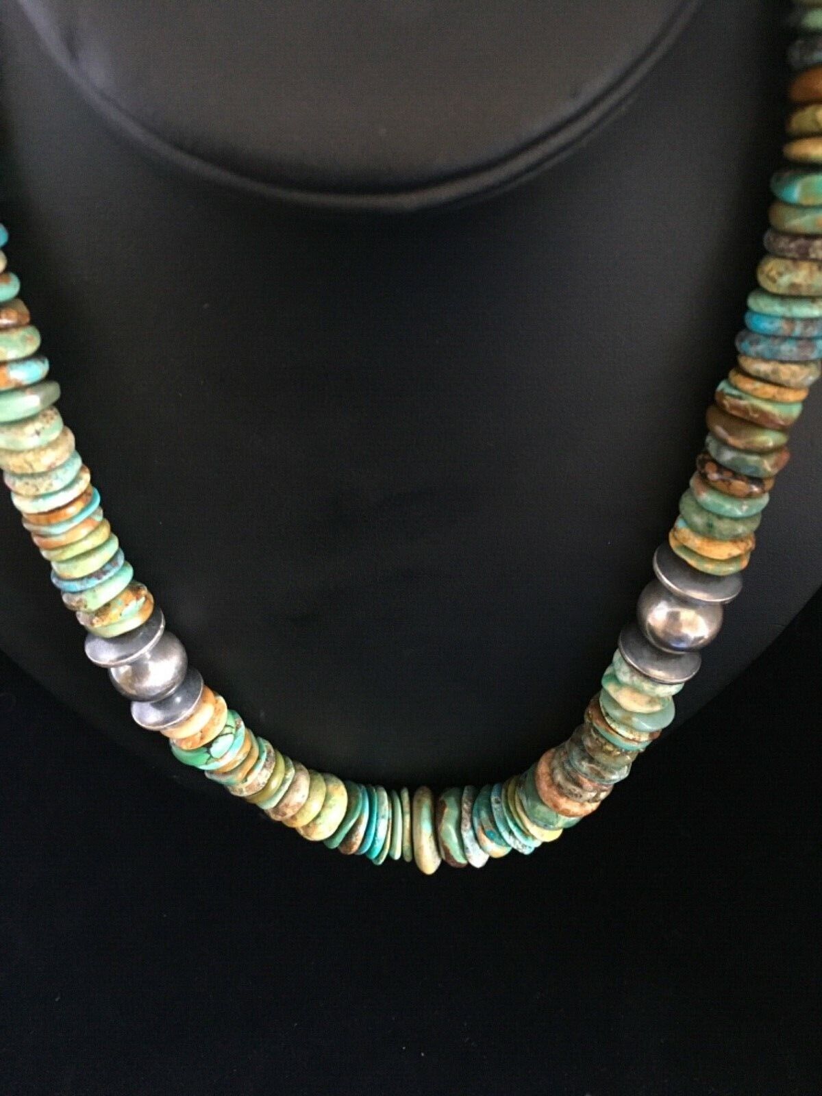 Authentic Native American Navajo Graduated Green Turquoise Necklace | Sterling Silver | 20"