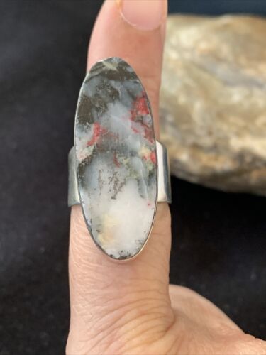 Southwestern Navajo Cinnabrite Ring | White Black | Sterling Silver | Sz 7.5 | 1562