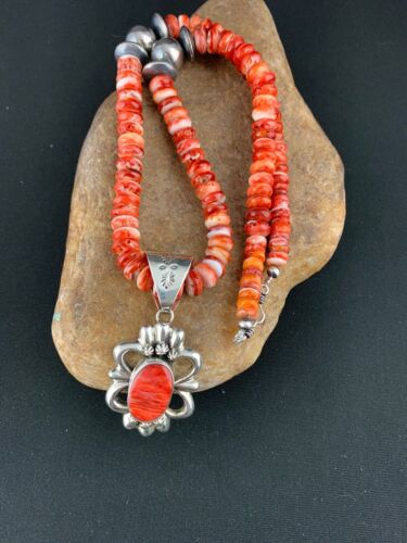 Native Mens Red Spiny Oyster Pendant Navajo Sterling Silver Necklace 4783