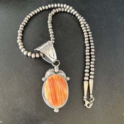 Navajo Pearls Orange Spiny Oyster Pendant Necklace | Sterling Silver | Authentic Native American Handmade | 14722