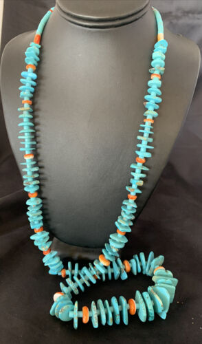 Authentic Native American Santo Domingo Necklace | Sterling Silver & Spiny Turquoise | 36" Graduated | 12067