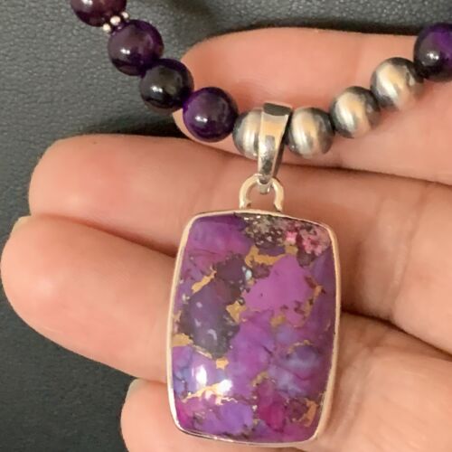 Navajo Pearl Purple Mojave Turquoise Onyx Pendant Necklace | Sterling Silver | Native American Handmade | 13401