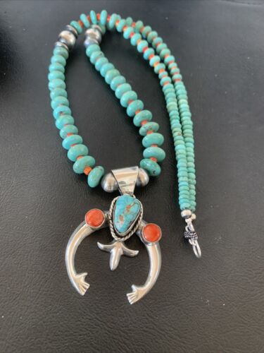 Navajo Pearls Sterling Silver Necklace | Blue Turquoise & Spiny Oyster Naja Pendant | Authentic Native American Handmade | 02059