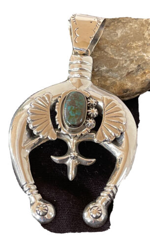Navajo Pearls Sterling Silver Bisbee Turquoise Naja Pendant Necklace | Authentic Native American Handmade | 01058