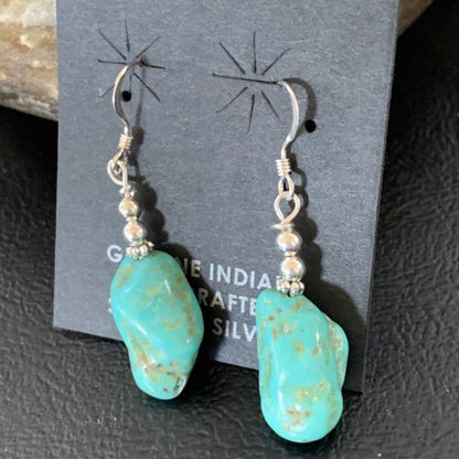 Navajo Turquoise Bead Nugget Earrings | Sterling Silver Pearls | 1" | Authentic Native American Handmade | 12896
