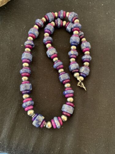 Men's Navajo Pearls Necklace | Denim Lapis Sugilite Beads | Sterling Silver | Authentic Native American Handmade | 20" | 736