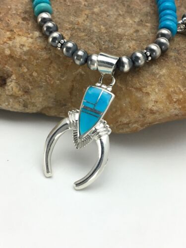 Navajo Blue Turquoise Naja Pendant Necklace | Sterling Silver | Authentic Native American Handmade | 2699 - Masha USA