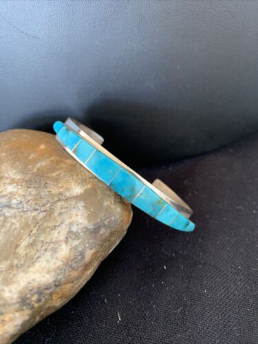Native American Navajo Blue Turquoise Inlay Bracelet | Sterling Silver | Authentic Handmade | 00986