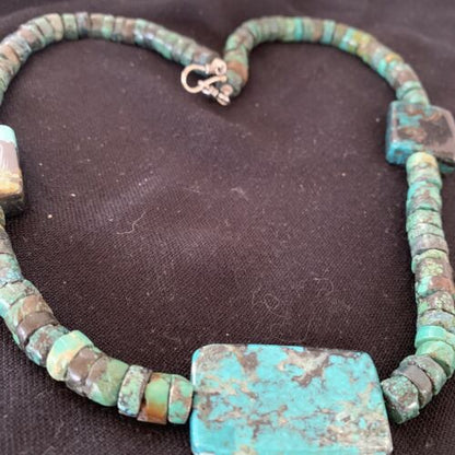 Native American Rustic Turquoise Nugget Heishi Bead Necklace | Sterling Silver | 22" | 1399