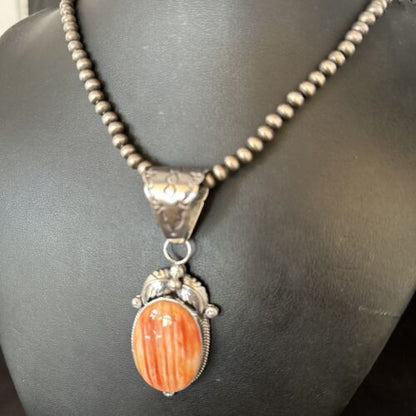 Navajo Pearls Orange Spiny Oyster Pendant Necklace | Sterling Silver | Authentic Native American Handmade | 14722