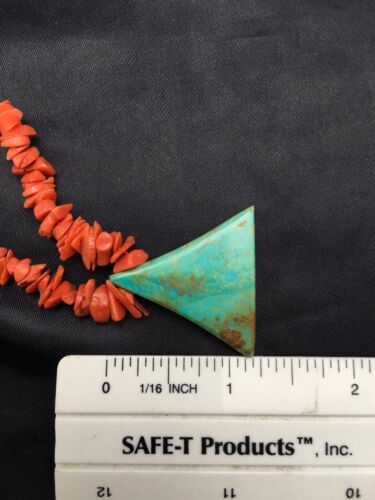Native American Kingman Turquoise and Coral Pendant Necklace | Brass | Old Pawn | 19" | 4029