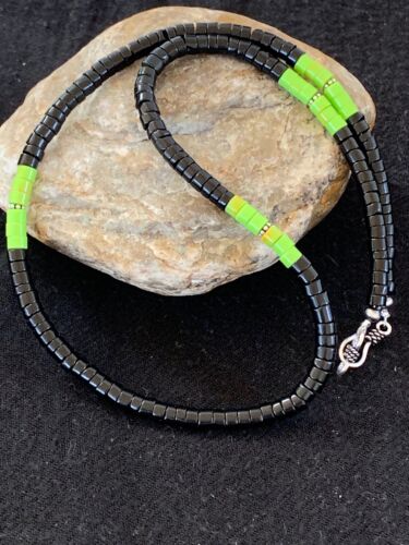 Southwestern Green Gaspeite Heishi Onyx Necklace | Sterling Silver | Men's Jewelry | 19" | 8824