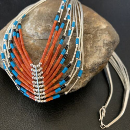 Multi-Color Liquid Silver Heishi Necklace | 10 Strand Sterling Tubes | Native American Handmade | 12300