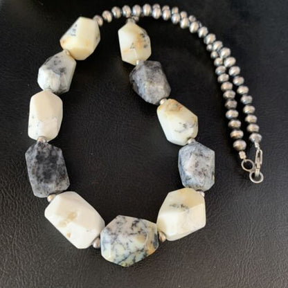 Native American White Opal Bead Necklace | 21mm | Sterling Silver | Navajo Handmade | 21" | 13981