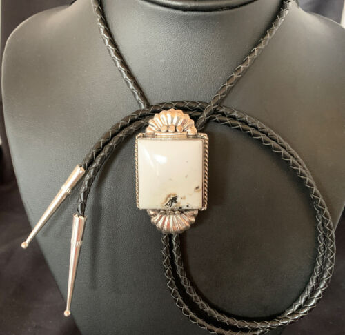 Navajo White Buffalo Turquoise Bolo Tie | Sterling Silver | Authentic Native American Handmade | 12905