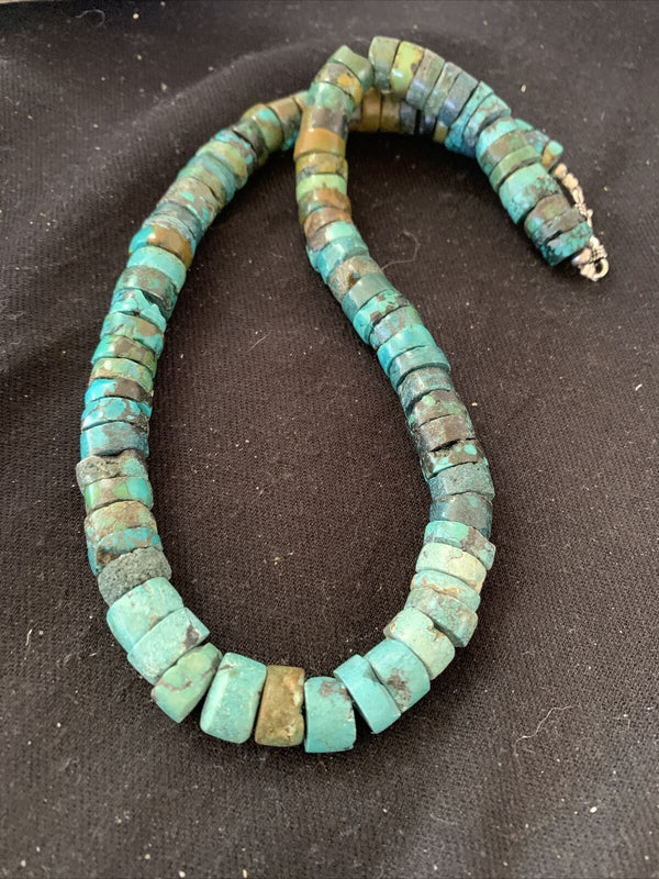 Native American Blue Green Turquoise Heishi Necklace | 9mm | Sterling Silver | 20" | 872