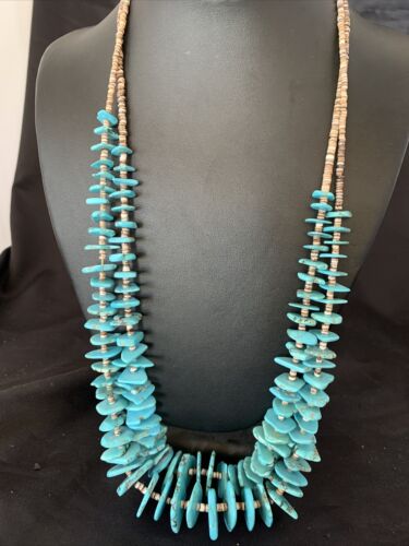 Native American Santo Domingo Shell Chip Turquoise 26” Necklace 11999
