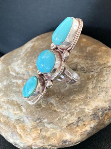 Navajo Blue Turquoise Cluster Ring | Authentic Native American Sterling Silver | Multi-Stone | Sz 8 | 2121