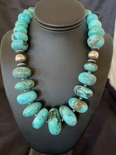 Navajo Blue Turquoise Necklace | Chunky Graduated Sterling Silver Pearls | Authentic Native American Handmade | 19" | 11350 - Masha USA