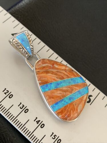 Men's Navajo Orange Spiny Oyster Blue Opal Inlay Pendant | Sterling Silver | Authentic Native American Handmade | 12485