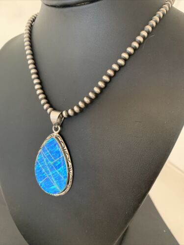 Native American Women's Navajo Blue Faux Opal Pendant | Sterling Silver | 2.30" | 01896