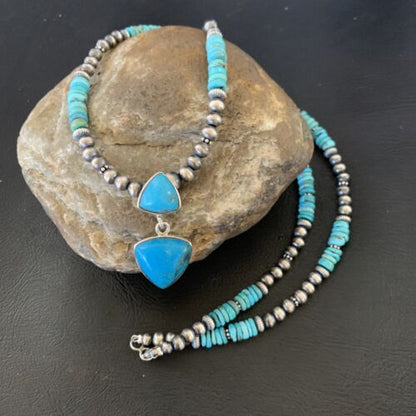Navajo Pearl Necklace with Blue Cluster Turquoise Multi-Stone Pendant | Authentic Native American Sterling Silver | 12549