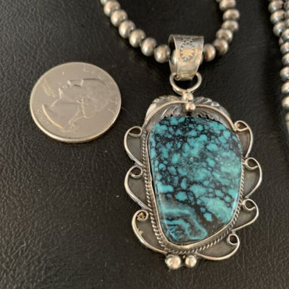 Navajo Spiderweb Turquoise Pendant Necklace | Sterling Silver | 2.25" | Authentic Native American Handmade | 13978