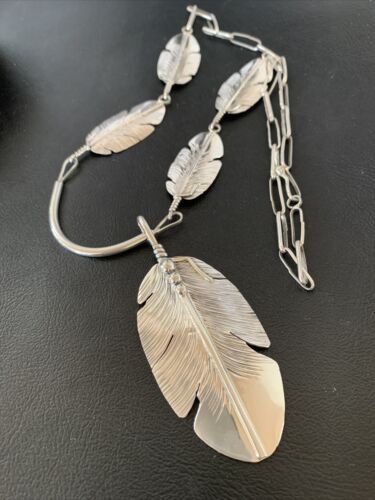 Men's Navajo Feather Choker Necklace Set | Sterling Silver Pendant | Native American Handmade | Begay | 21" | 02154