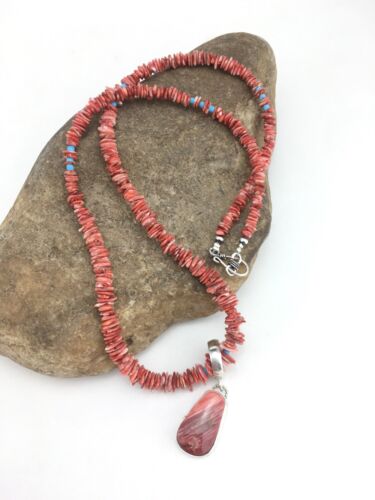 Navajo Spiny Oyster Pendant with Turquoise Pearls | Sterling Silver Necklace | Authentic Native American Handmade | 4890